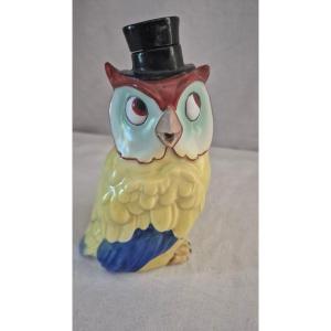 Polychrome Porcelain Anthropomorphic Owl Pouring Flask Bottle