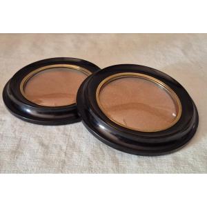 Two Round Black Wood Frames And Convex Glass Napoleon III