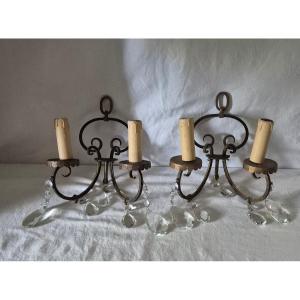 Pair Of 1940s Verdigris Patinated Wrought Metal Wall Lights