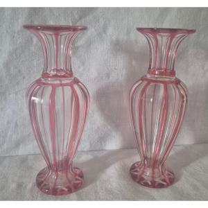 Pair Of Clear And Pink "overlay" Cut Vases