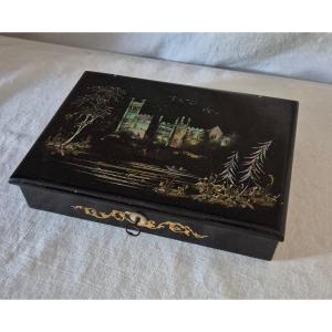 Napoleon III Black Lacquered Correspondence Box With Mother-of-pearl Marquetry