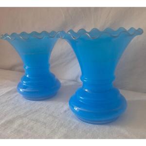 Pair Of Napoleon III Blue Crystal Opaline Vases 