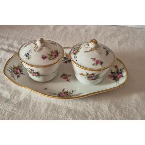 Jam Tray With Two Porcelain Pots Painted With Flower Seedlings 