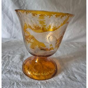 Bohemian Crystal Vase, Yellow And Clear, Cut With A Forest Motif