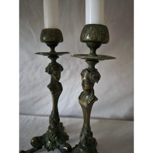Pair Of 19th-century Bronze Tripod Candlesticks With Caryatids 