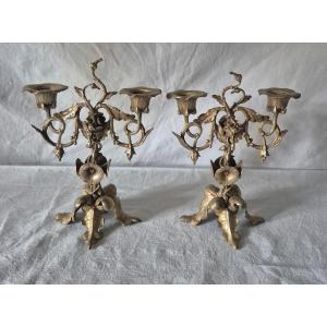 Pair Of Art Nouveau Naturalist Candlesticks In Gilt Bronze 