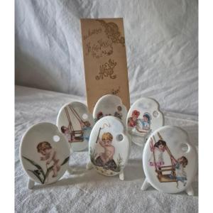 Set Of Six Painted Porcelain Nameplate Menu Holders Signed F. Ginet