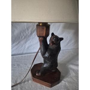Black Forest Carved Wooden Bear Lamp
