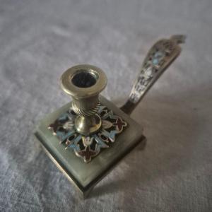Special Doll Stand: Miniature Bronze Cloisonné Enamel And Onyx Candlestick, 19th Century 