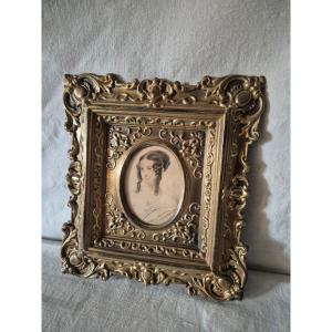 Watercolor Portrait Of A Young Girl In The Empire Style, In A Brass Frame 