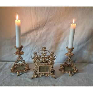 Desk Set: Letter And Document Holder And Two Candlesticks In Gilt Bronze And Onyx 
