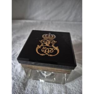 Crystal And Enamel Inkwell With A Swedish Royal Court Crown And Monogrammed With A Double "g"