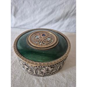 Green Enamel Jewelry Box With Gold And White Metal