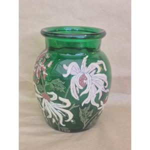 Legras Vase In Green Glass Enamel By Legras