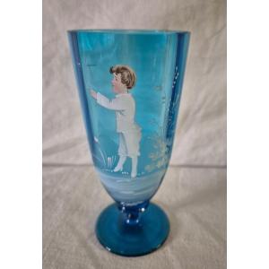 Cobalt Blue Glass Vase Featuring An Enameled Boy Named "mary Gregory"
