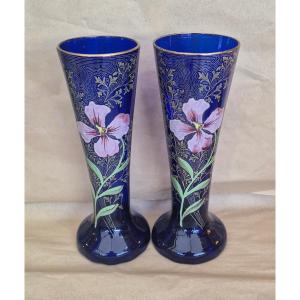 Two Blue Glass Enameled Vases Decorated With Pink Clematis, Circa 1900