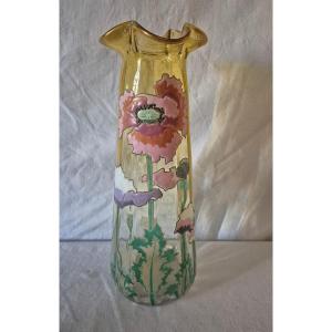 Enamelled Vase With Pink Poppy-poppy Design In Gradient Glass, Good Size