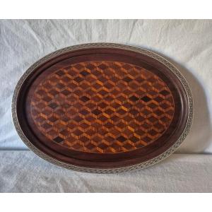 Oval Tray In Wood And Silver Marquetry