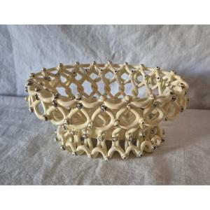 19th Century Langeais Earthenware Jardinière Basket In Ivory And Platinum Tones