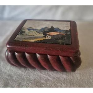 Box In Burgundy Leather And Mosaic Of Hard Stones.