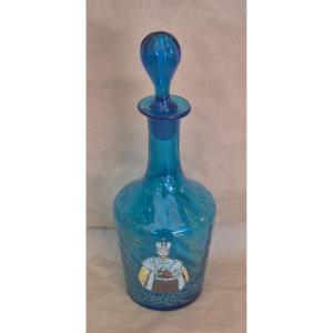Tsar Nicholas II Polychrome Enamel Decanter In Blue Ribbed Glass