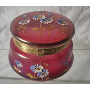 Iridescent-effect Red Glass Candy Box With Enameled Flowers.