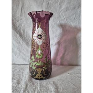 Art Nouveau Amethyst Glass Vase With Enamelled Floral Design