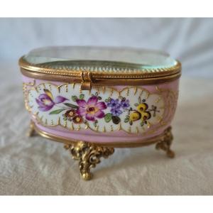 Enameled And Painted Paris Porcelain Jewelry Box, Bronze And Chamfered Glass