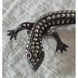 Silver Gecko Lizard Brooch With Marcasites And Ruby Eyes