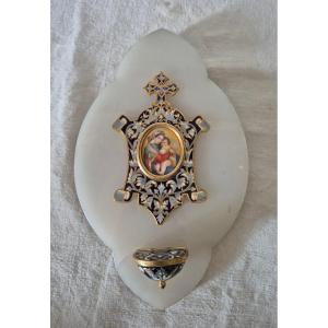 Gilt Bronze And Cloisonné Enamel Bedside Stoup With Miniature Of The Virgin And Child