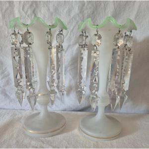 Pair Of Pineapple Holders In White Granite Opaline With Baccarat Knife Pendants