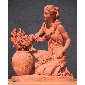 Belgian School 1965. The Flower Seller. Terracotta.