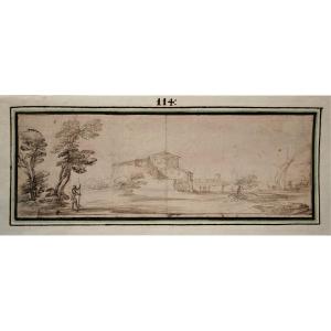 17th Century Bolognese School. Animated Landscape On The Banks Of The River.