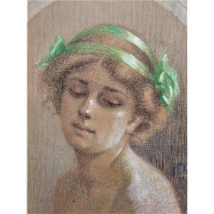 Portrait Of A Young Woman. Signed Quinaux. Pastel, Framed.