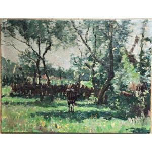 Belgian School, Late 19th Century. A Cow In A Meadow, A Mill On The Right.