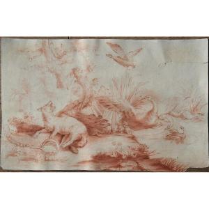 Jean-charles Oudry 1720 - 1778. Wolf Trapped At The Edge Of A Duck Pond.