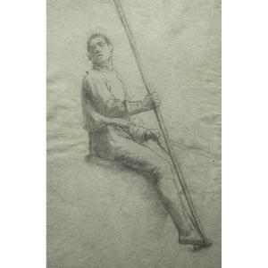 French School Of The 19th Century. Study Of A Knight With A Pike.
