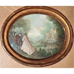 French School Of The 18th Century. Gallant Scene In A Park, A Fountain On The Right.