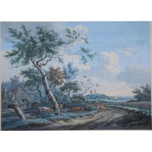 Attributed To Lazare Bruandet. Landscape With A Shepherdess Leading Her Flock.