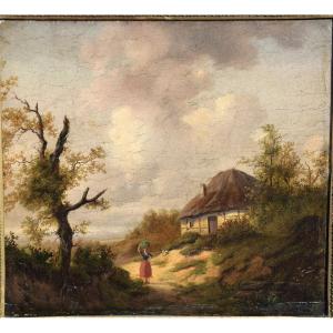 Northern School, Early 19th Century. Landscape With A Tree, Enlivened By A Peasant Woman, A Thatched Cottage On The Right.