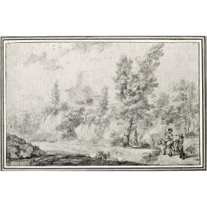 Adriaen Van Der Cabel 1631 - 1705. Lively Landscape With Two Walkers.