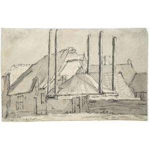 Cornelis Saftleven 1607 - 1681. View Of Thatched Cottages With Chimneys.