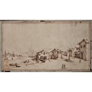 Attributed To Israël Silvestre 1621-1691. View Of A Village On The Banks Of A River. Framed.