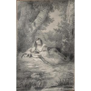 Romantic School, Circa 1830. A Woman Reading In The Forest, By The Water's Edge.
