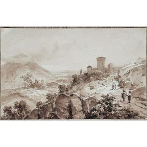 19th Century French School. Walkers In A Mountainous Landscape, Near A Castle.
