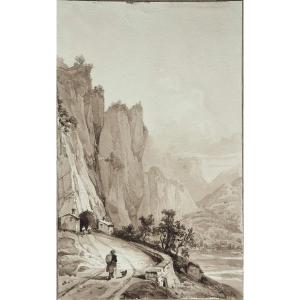 French School Of The 19th Century. Walkers In A Mountainous Landscape.