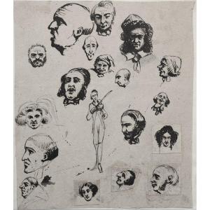 French School Of The 19th Century. Sheet Of Caricatures, With Portrait Of Paganini .