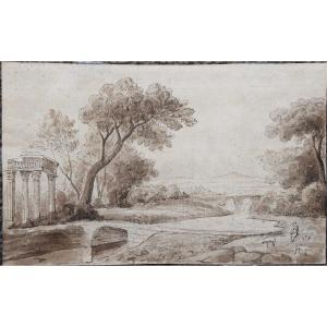 French School, Circa 1700. River Landscape With Ruins.