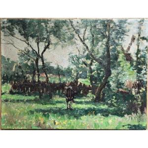 Belgian School, Late 19th Century. A Cow In A Meadow, A Mill On The Right.