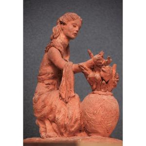 Belgian School 1965. La Marchande De Fleurs. Terracotta.